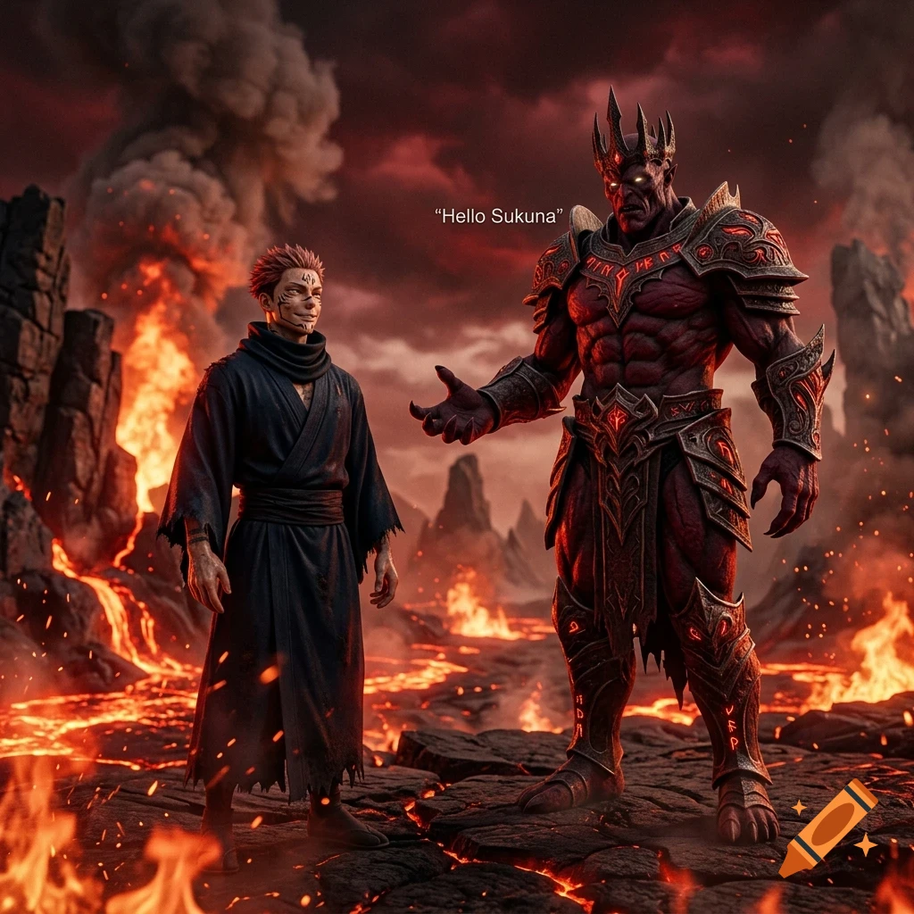 A stylized fantasy image showing a character standing in a volcanic landscape with glowing lava, facing a large armored demon-like creature holding out its hand.