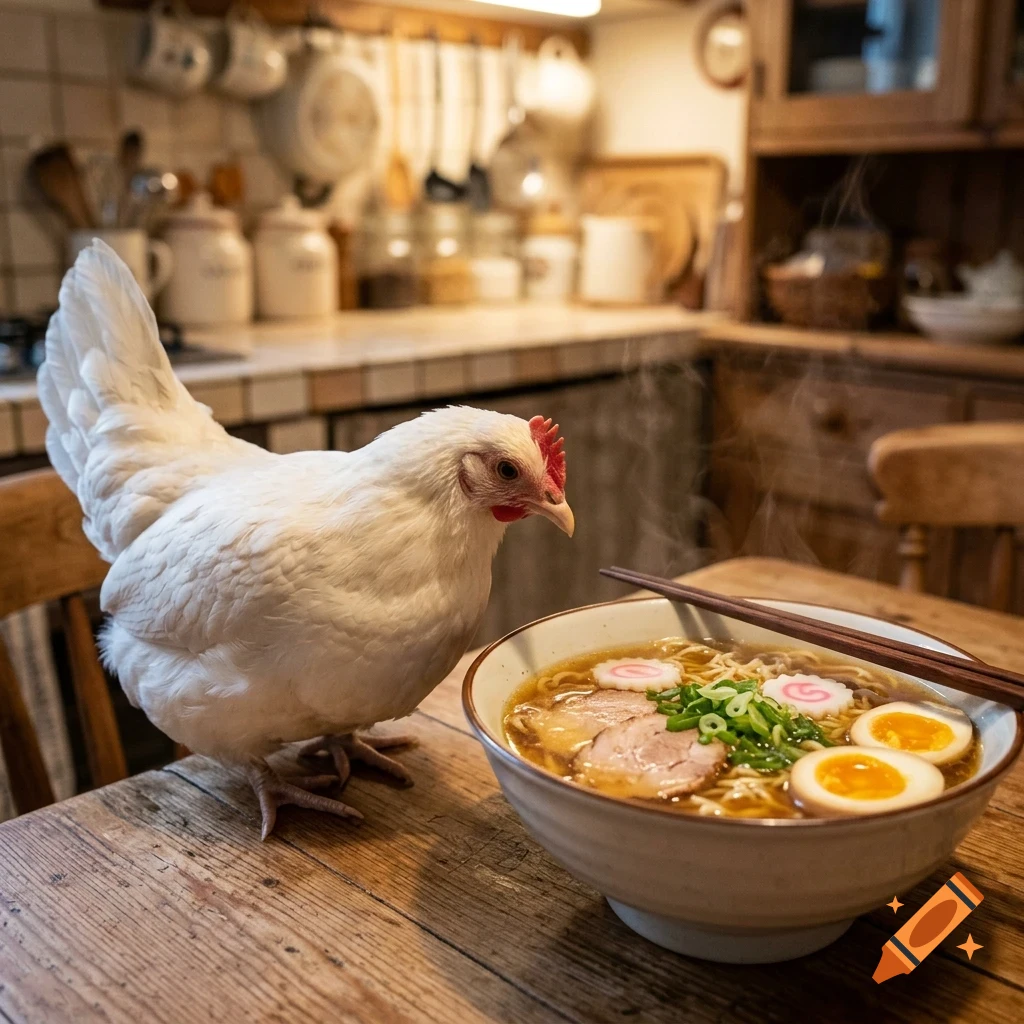 A white chicken standing on a wooden table next to a steaming bowl of ramen with chopsticks.