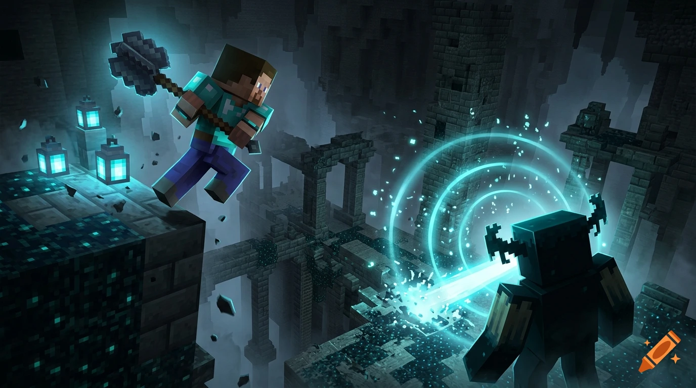 Digital illustration of a Minecraft character jumping over an ancient city abyss with a mace while a warden shoots a beam.