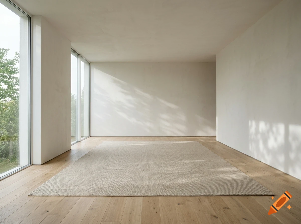 An empty modern room with light wooden floors, white walls, large windows, and a plain rug in the center.