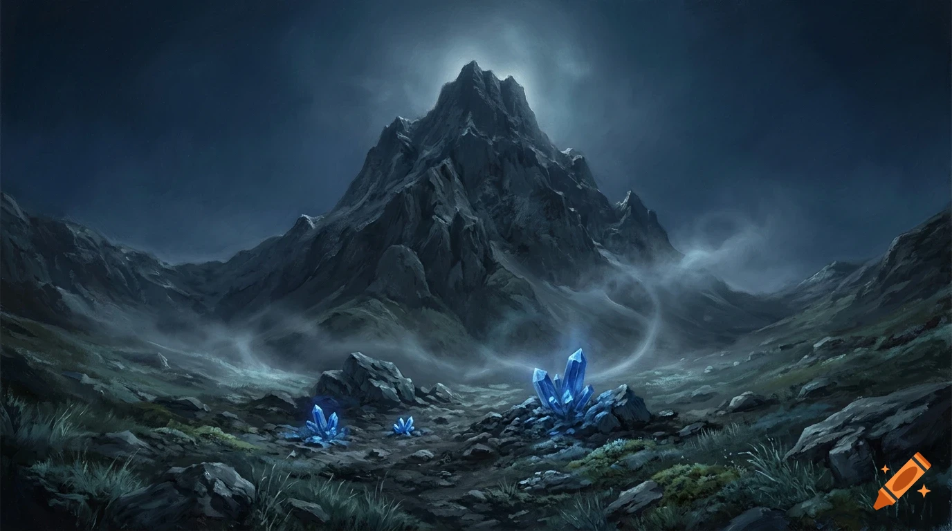 A digital painting of a dark, rocky mountain landscape at night with glowing blue crystals in the foreground and a hazy sky.