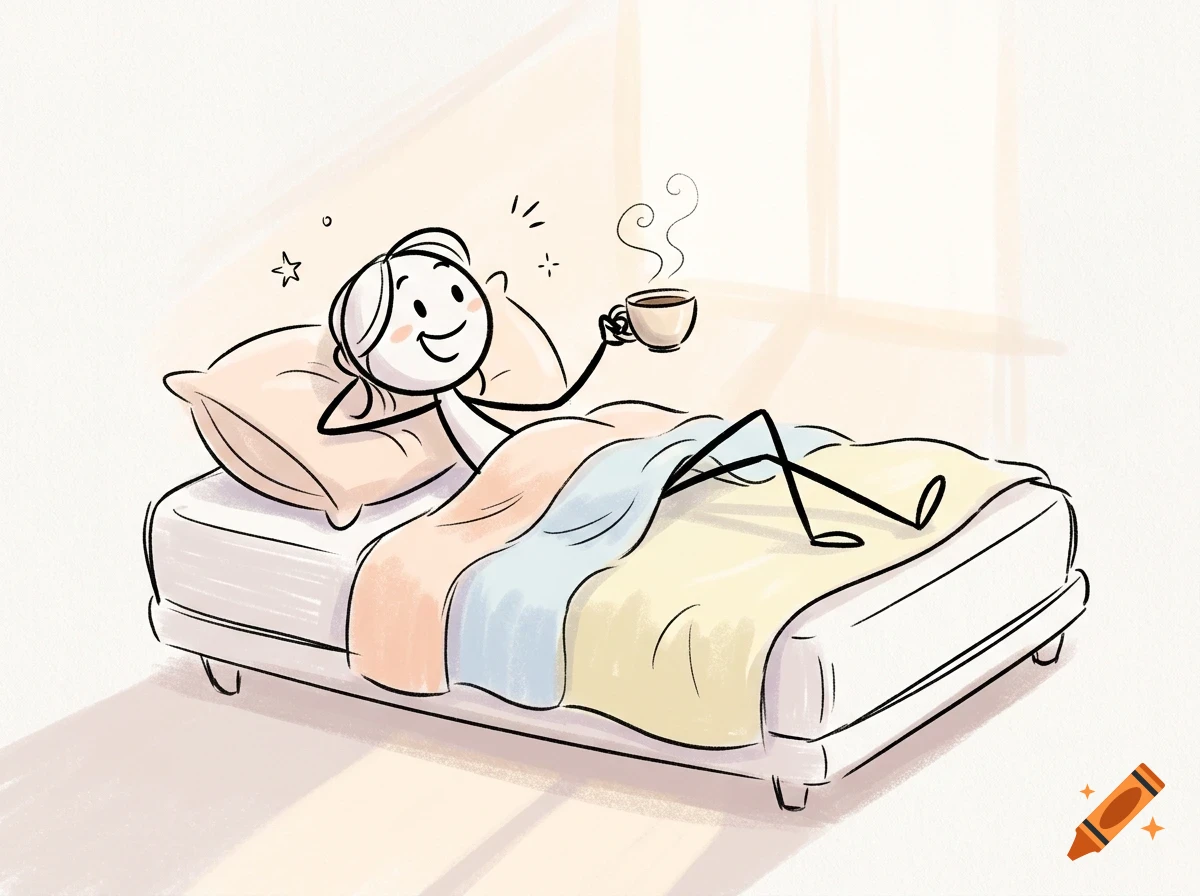 A cartoon stick figure relaxing in bed with pillows and blankets, happily holding a steaming cup of coffee.