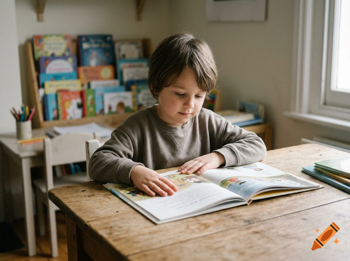 A young child sitting at a wooden table, reading an open book in a room with bookshelves in the background.