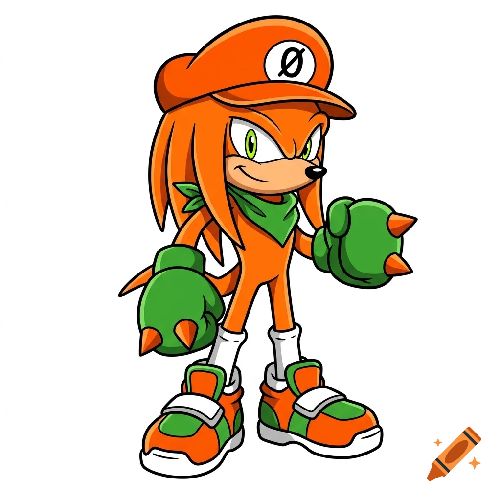 Digital 2D illustration of an orange anthropomorphic echidna resembling Knuckles wearing an orange cap with a zero symbol, green gloves, and green and orange shoes on a white background.