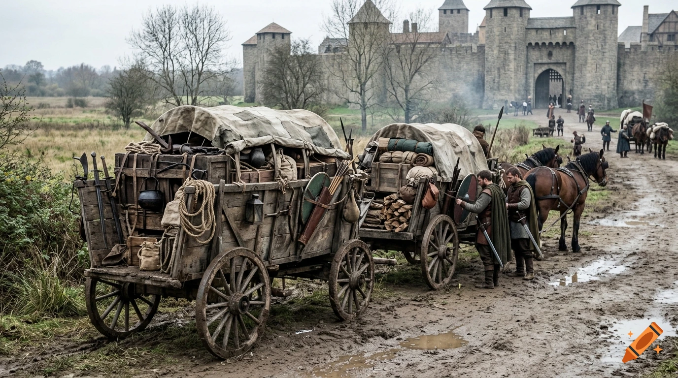 Photorealistic scene of two loaded wooden wagons on a muddy medieval road before a stone castle.