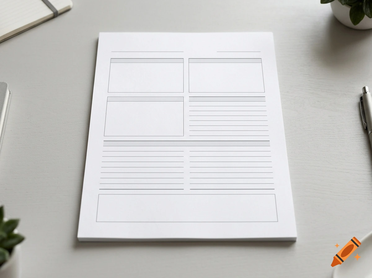 Blank paper template with grid and line sections on a gray desk.