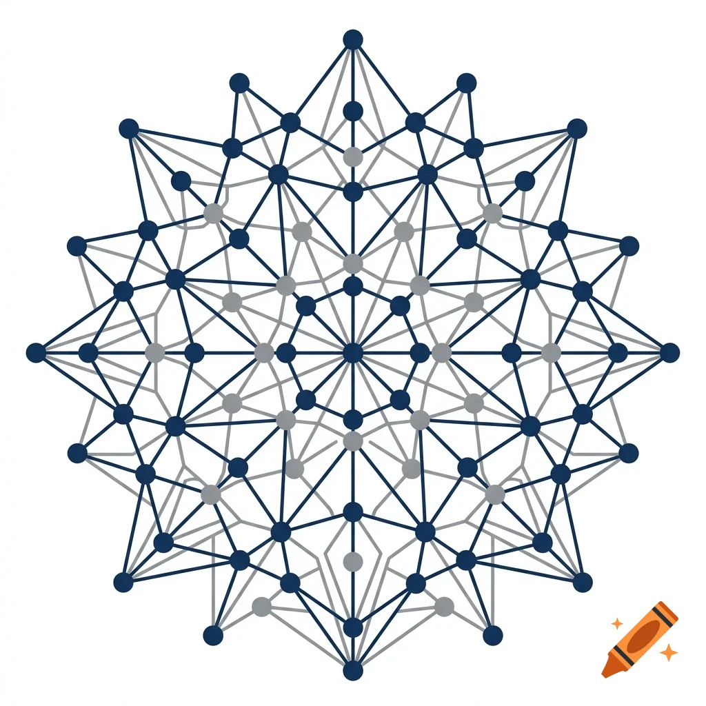 A complex geometric network diagram featuring interconnected dark blue and grey dots forming a symmetrical, star-like structure.