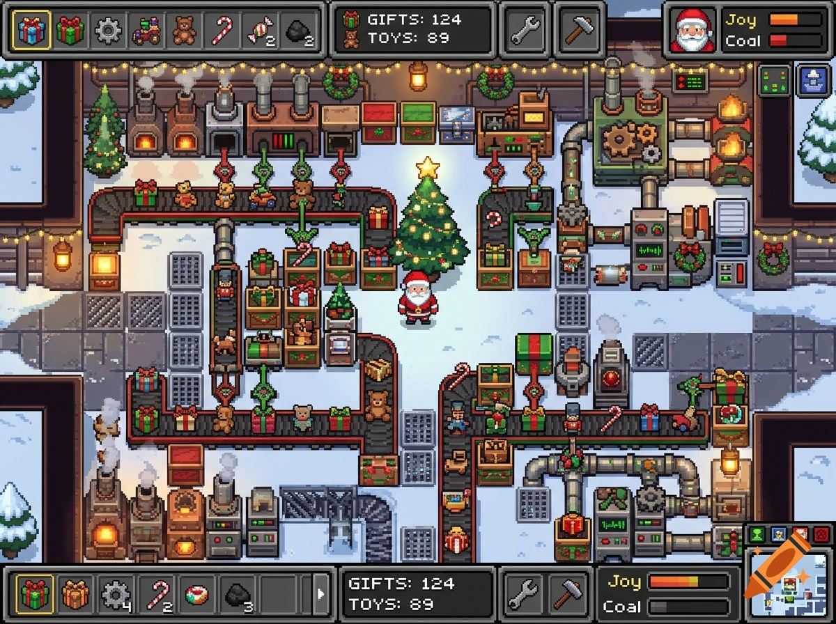 Pixel art screenshot of a Christmas-themed factory simulation game with conveyor belts, Santa, and a HUD.