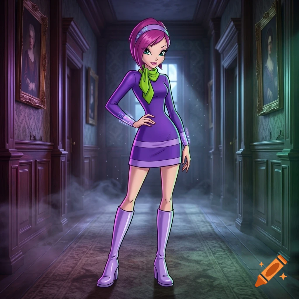 An illustrated full-body portrait of a character with pink hair, wearing a purple dress, green scarf, and purple boots, standing in a dimly lit hallway with framed paintings on the walls.