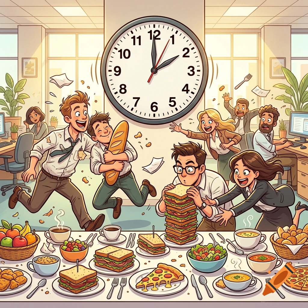 Colorful cartoon illustration of office workers eagerly rushing towards a large table filled with food as a clock strikes two.
