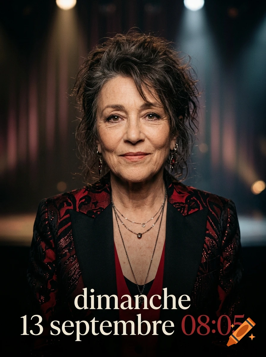 Photorealistic portrait of a mature woman with dark curly hair and a patterned red blazer, with text below reading dimanche 13 septembre 08:05.