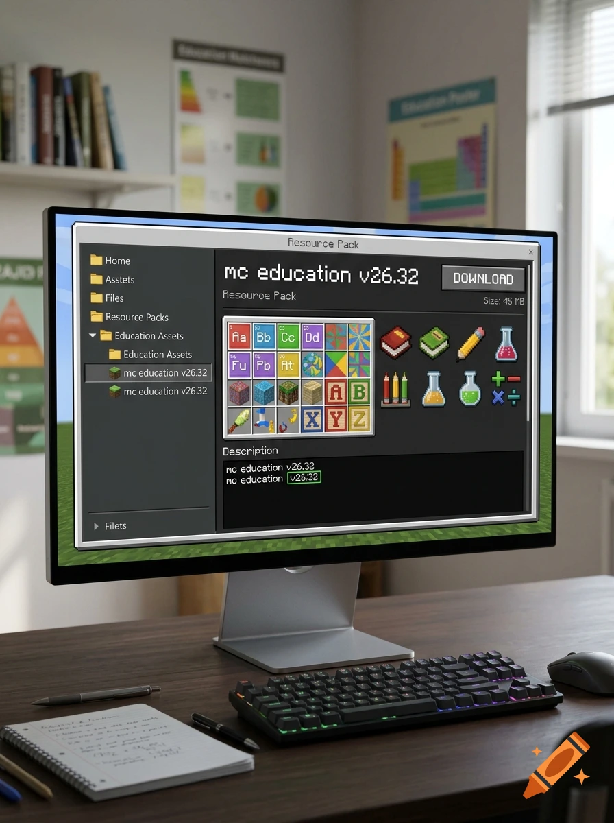 A computer monitor on a desk showing a Minecraft education resource pack download screen, in a well-lit room.