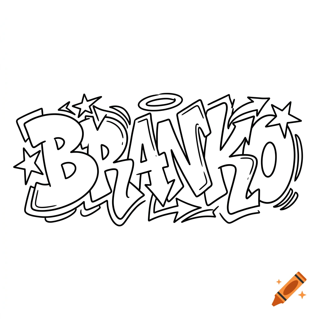 Black and white outline of the word BRANKO in a graffiti style, designed for coloring.