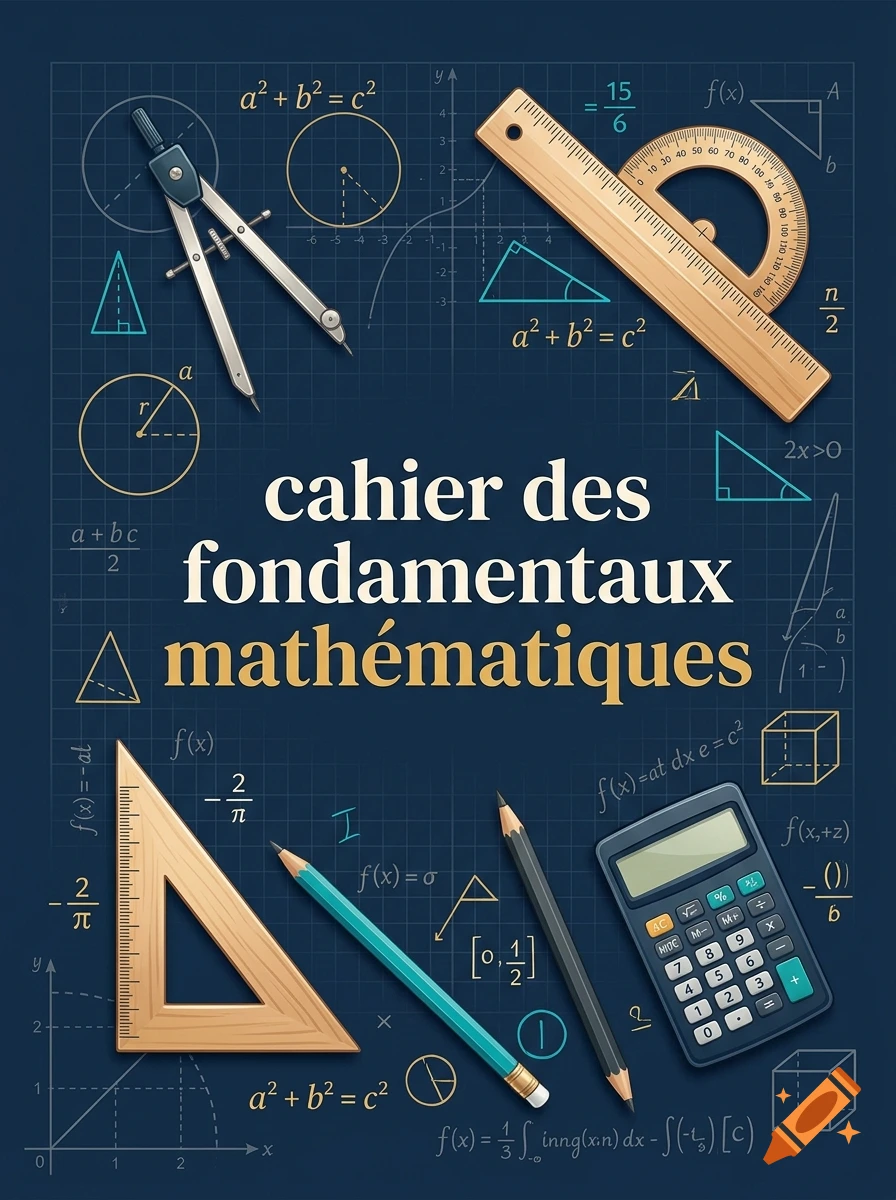 Illustration of a math notebook cover with mathematical tools like a compass, ruler, protractor, and calculator on a blue grid background.