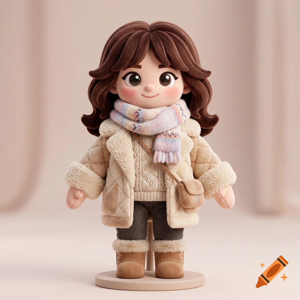 A stylized 3D plush fashion doll wearing a beige quilted coat, sweater, and scarf on a stand.