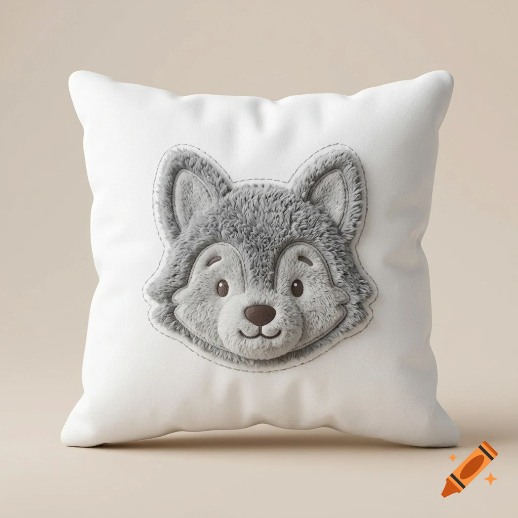 A plush white throw pillow featuring a fluffy grey wolf face appliqué.