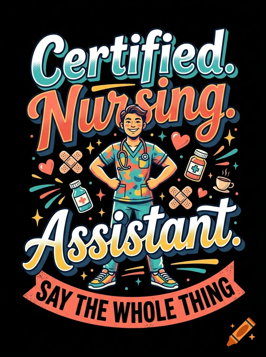 Digital illustration of a smiling nursing assistant wearing scrubs, surrounded by medical icons, hearts, and the text Certified Nursing Assistant. Say the whole thing.