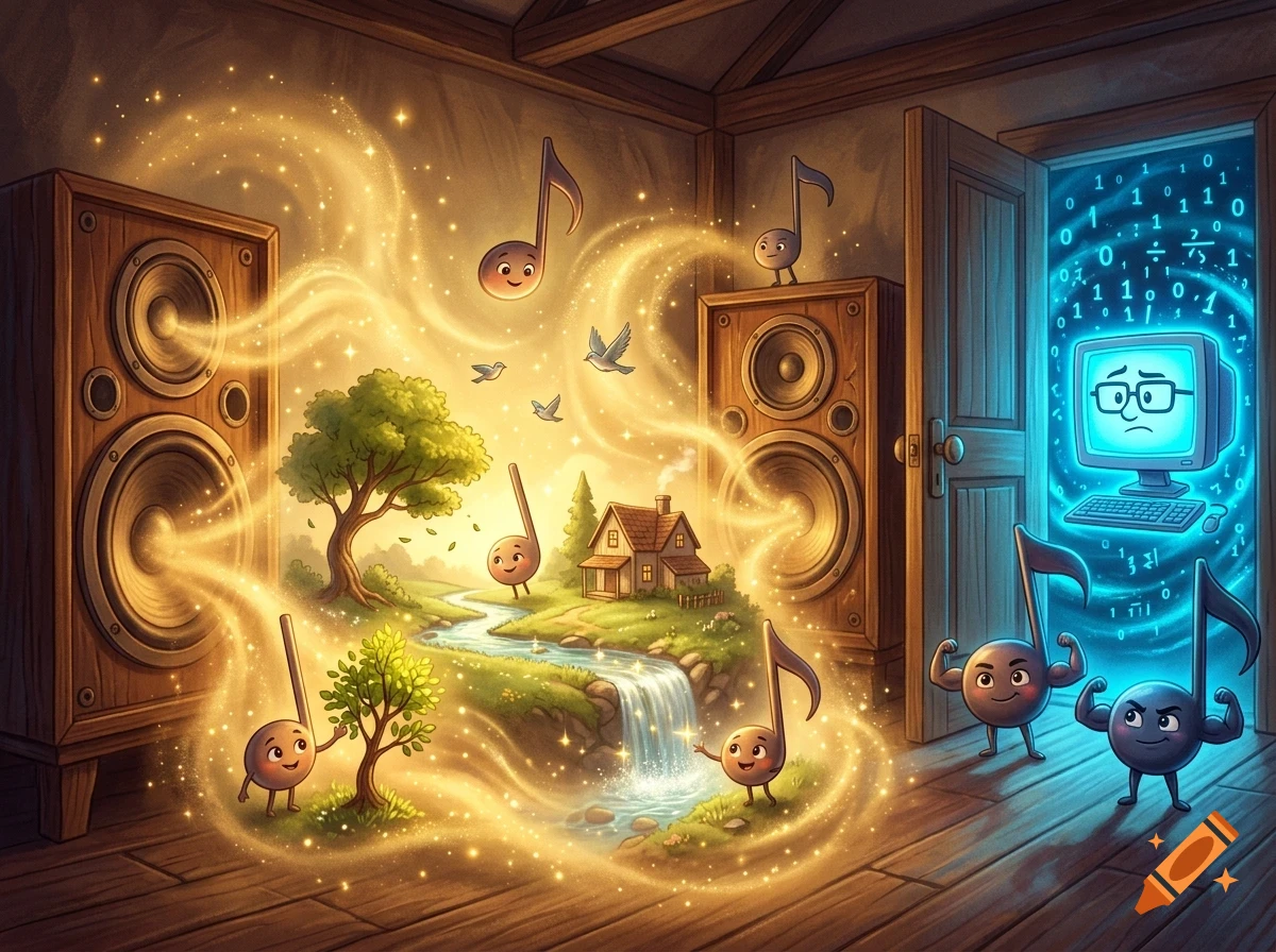 An illustrated scene inside a wooden room where giant speakers emit glowing golden waves that create a miniature landscape with friendly musical notes, a tiny house, and a stream, while a doorway opens to a glowing blue room with a computer monitor.