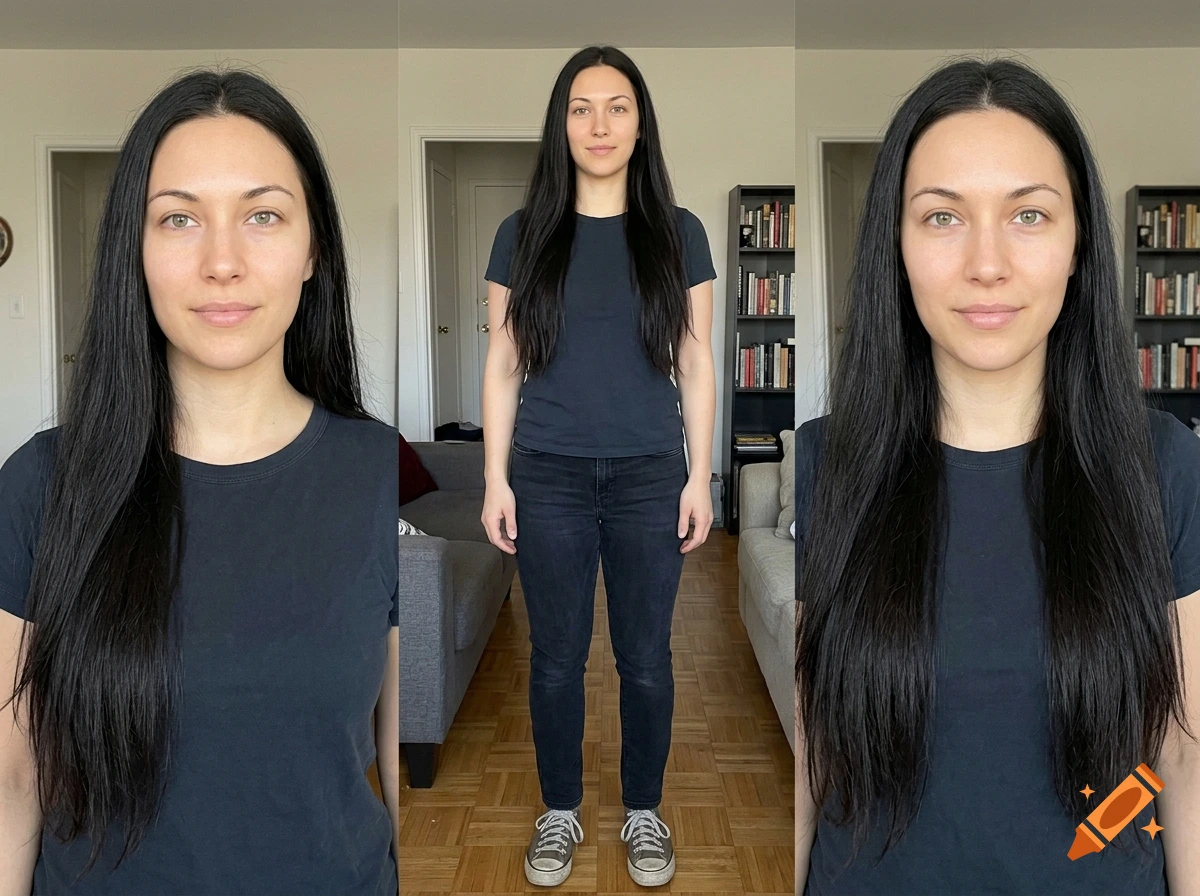 Photorealistic full-body portrait of a young woman with long dark hair, wearing a dark t-shirt and jeans, standing indoors.