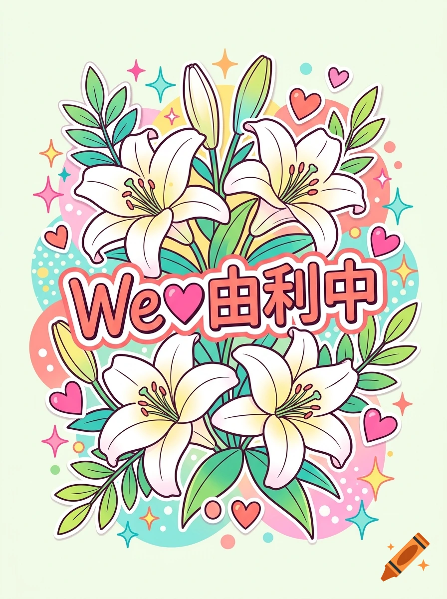 Pop-art style colorful illustration of white lilies, hearts, and stars with Japanese text reading We heart 由利中.
