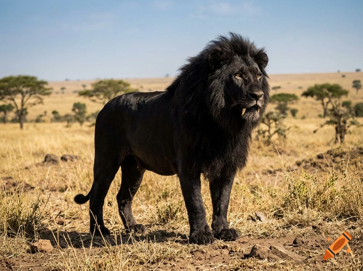 A black lion standing in a grassy savanna under a blue sky.