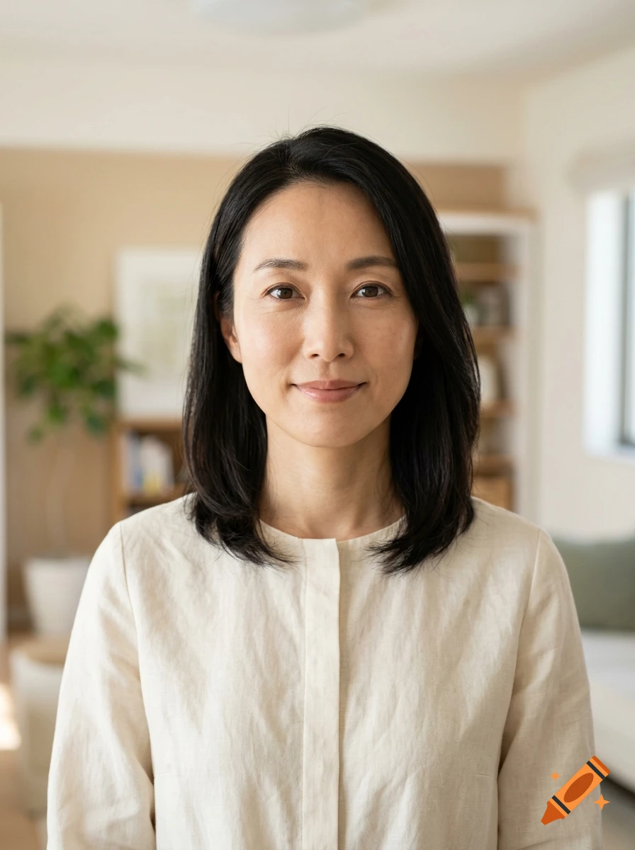 Photorealistic portrait of an Asian woman with black hair and a light beige top, standing indoors.