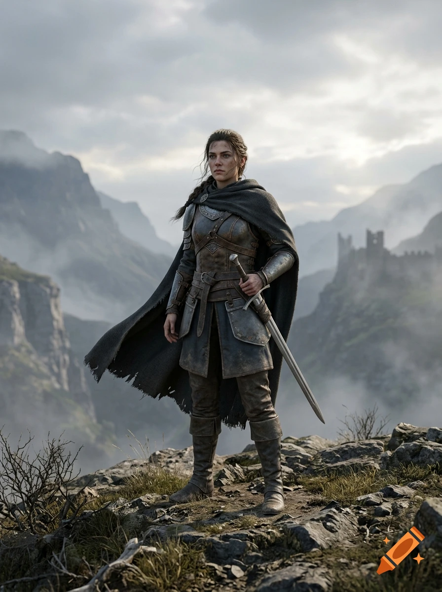 A female warrior in plate armor and a dark cloak standing on a rocky mountain overlook holding a sword, with distant misty mountains and a ruined castle in the background, photorealistic style.