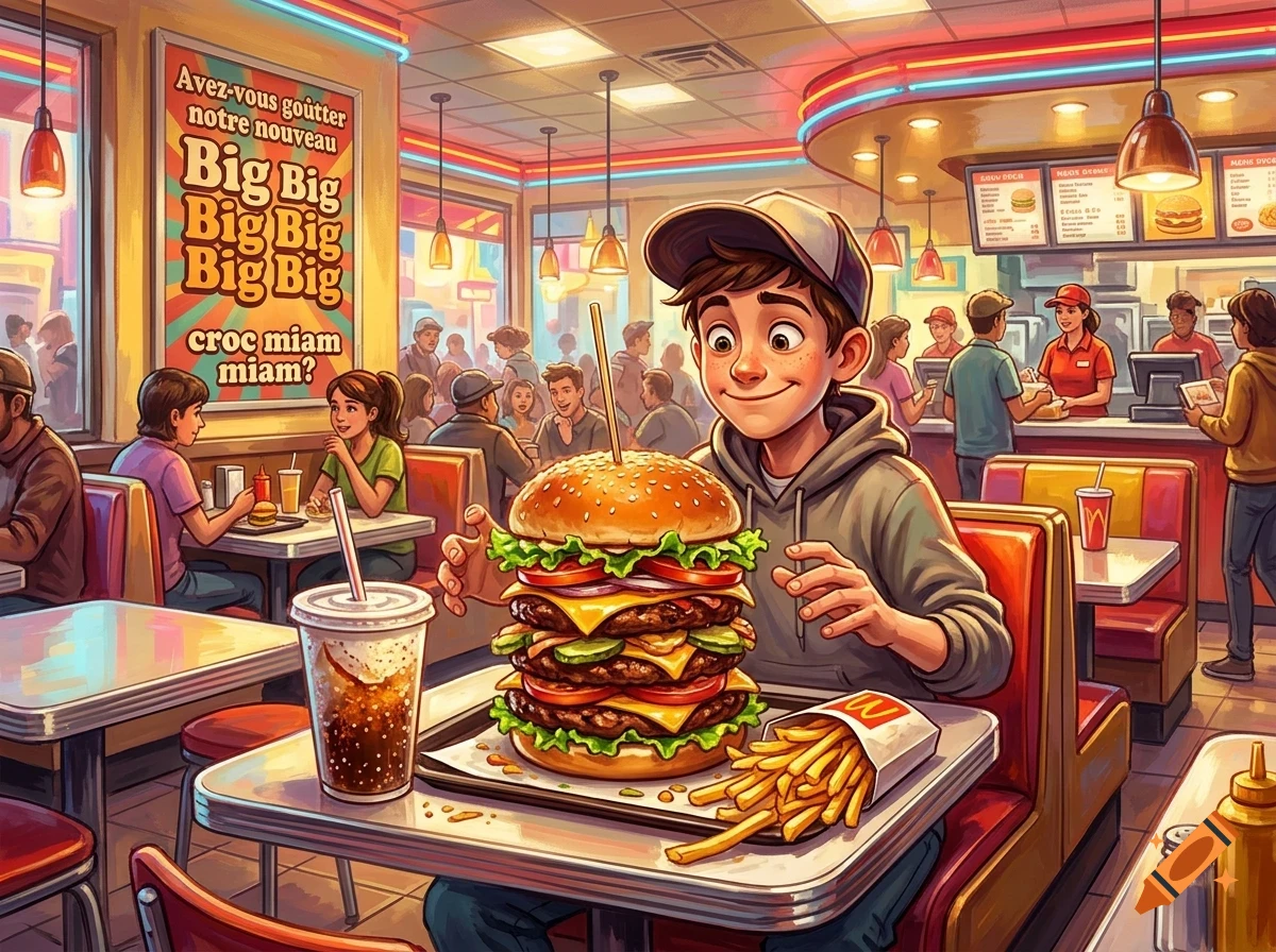An illustrated young boy sitting in a vintage diner excitedly about to eat a massive triple-patty hamburger with a side of fries and a drink.