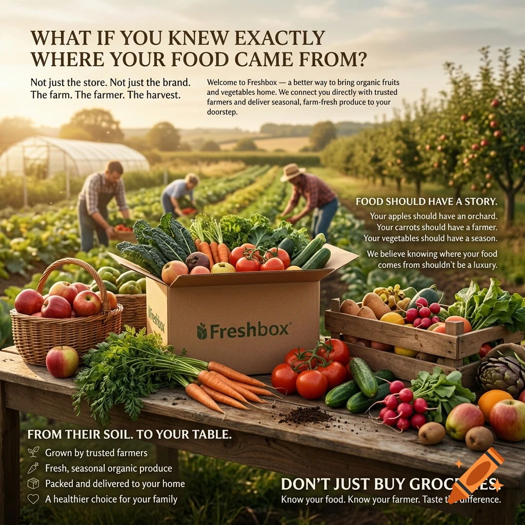 Photorealistic scene of a wooden farm table laden with fresh vegetables, fruit baskets, and a Freshbox delivery box, with a farm and workers in the background.