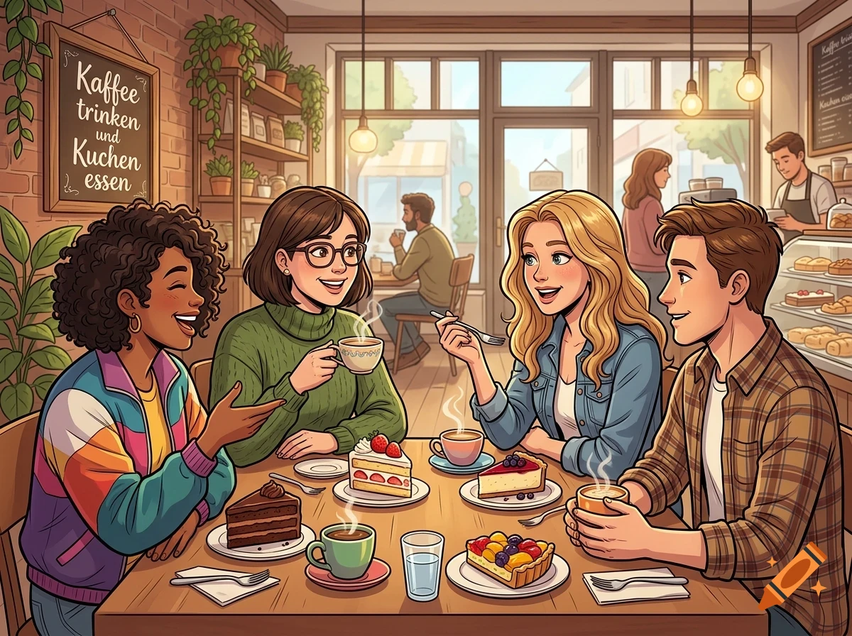 Four friends sitting at a table in a cozy cafe, chatting and enjoying coffee and cake.