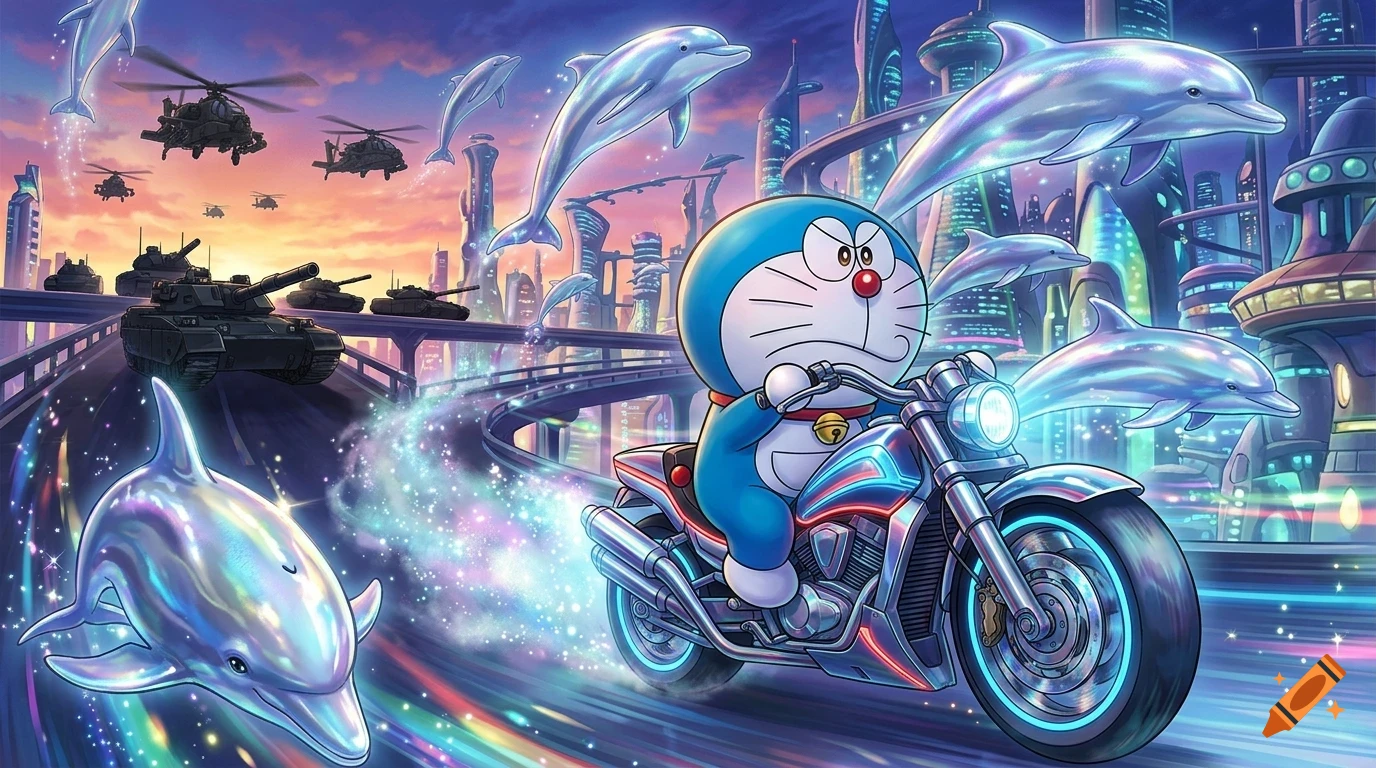 Digital illustration of Doraemon riding a glowing motorcycle through a futuristic city with flying dolphins, tanks, and helicopters in the sky.