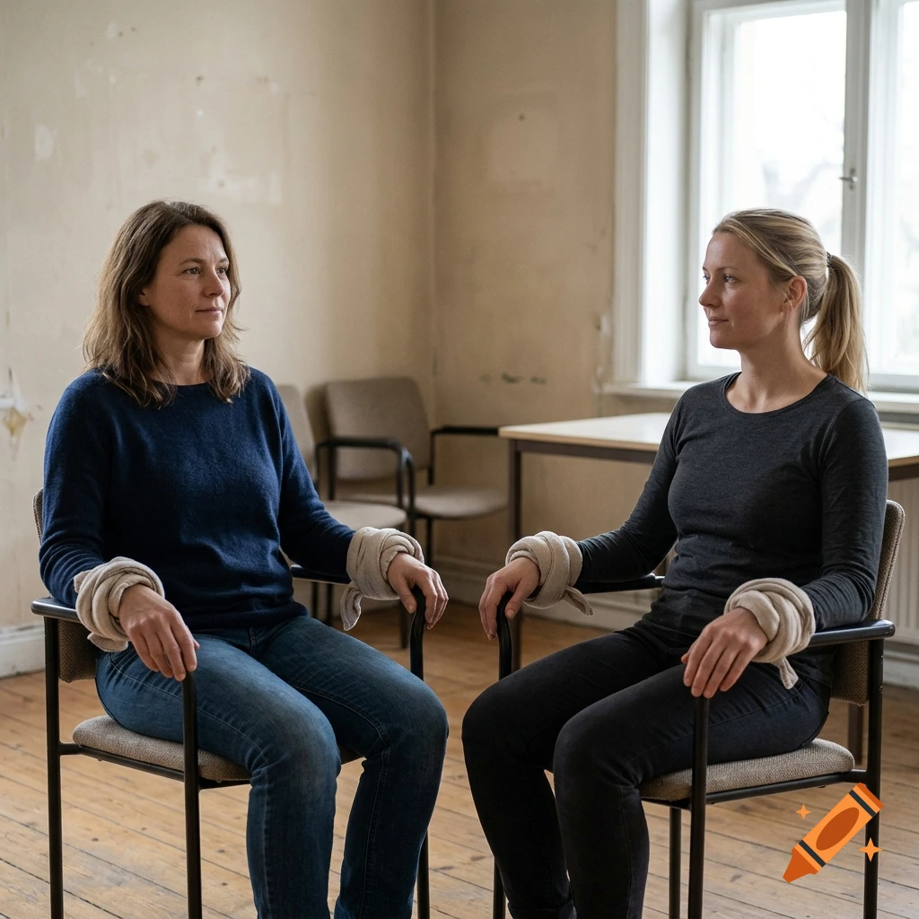 Photorealistic image of two women sitting on chairs indoors, with fabric tied around their wrists.