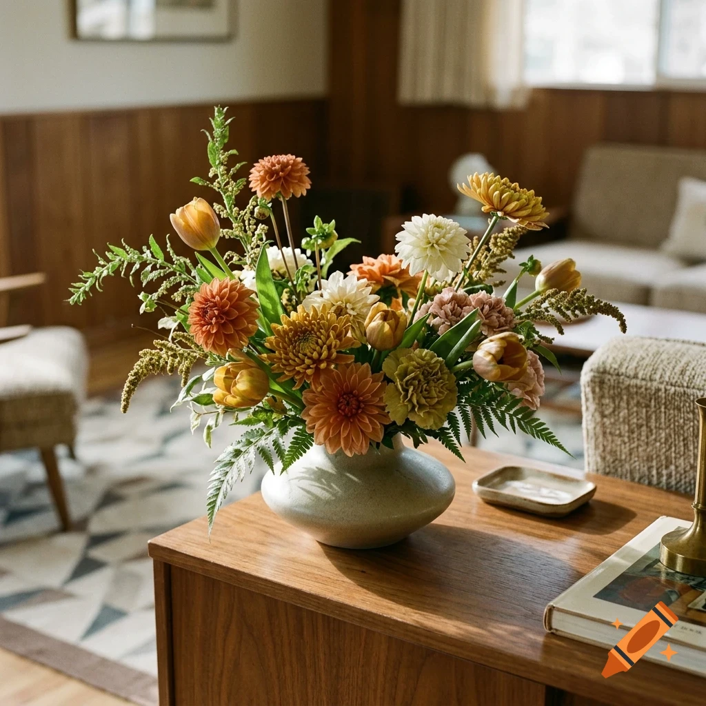A lush floral arrangement in a ceramic vase sitting on a wooden table inside a living room.