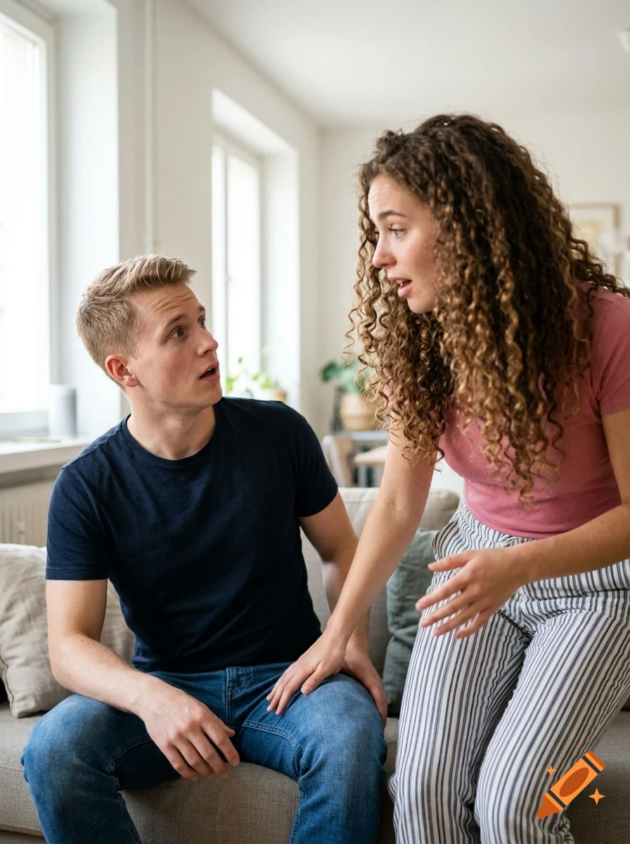 A man sitting on a sofa looking up as a woman with curly hair stands and speaks to him in an interior setting.