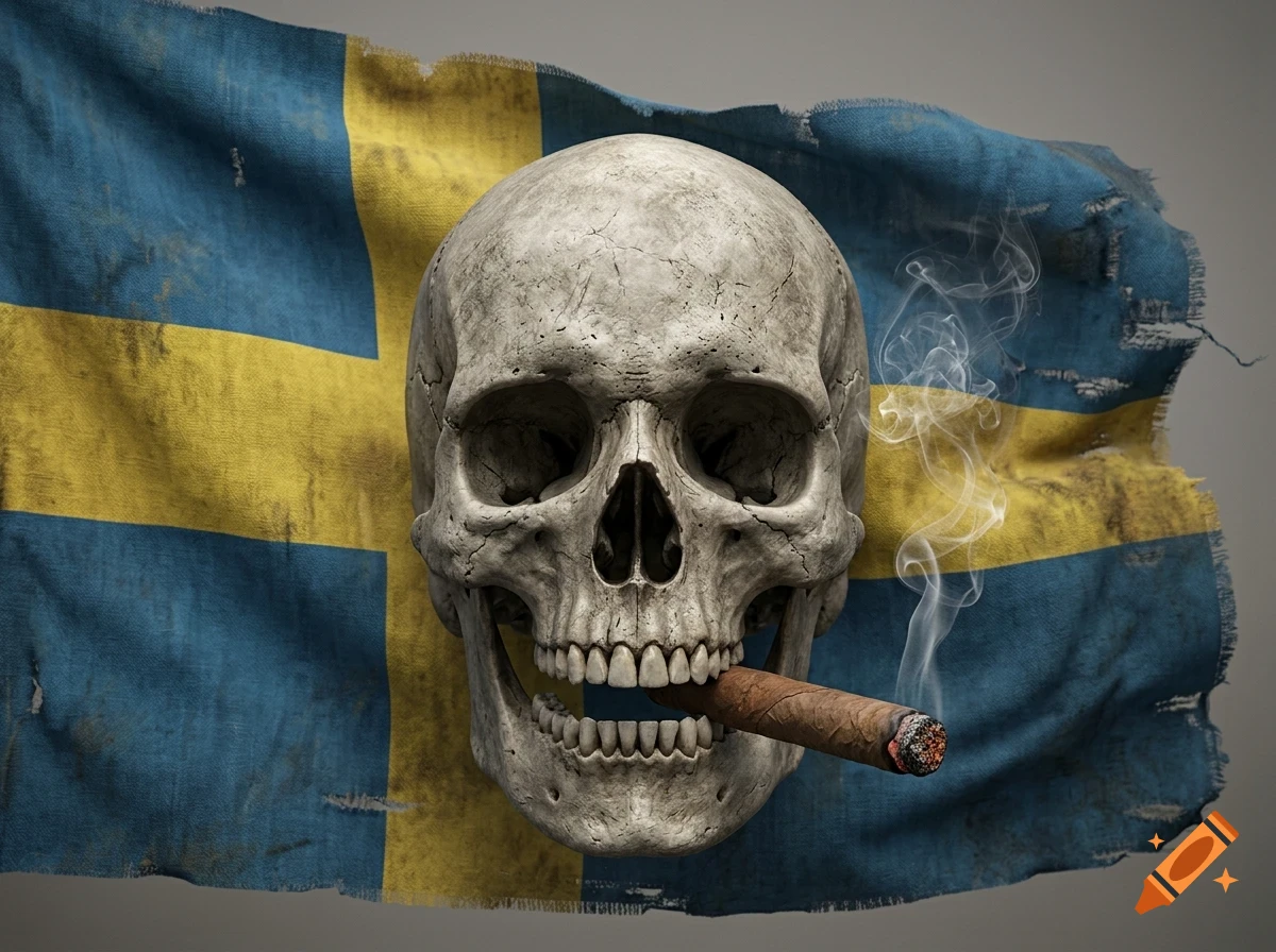 A human skull with a lit cigar in its teeth, positioned in front of a tattered Swedish flag.