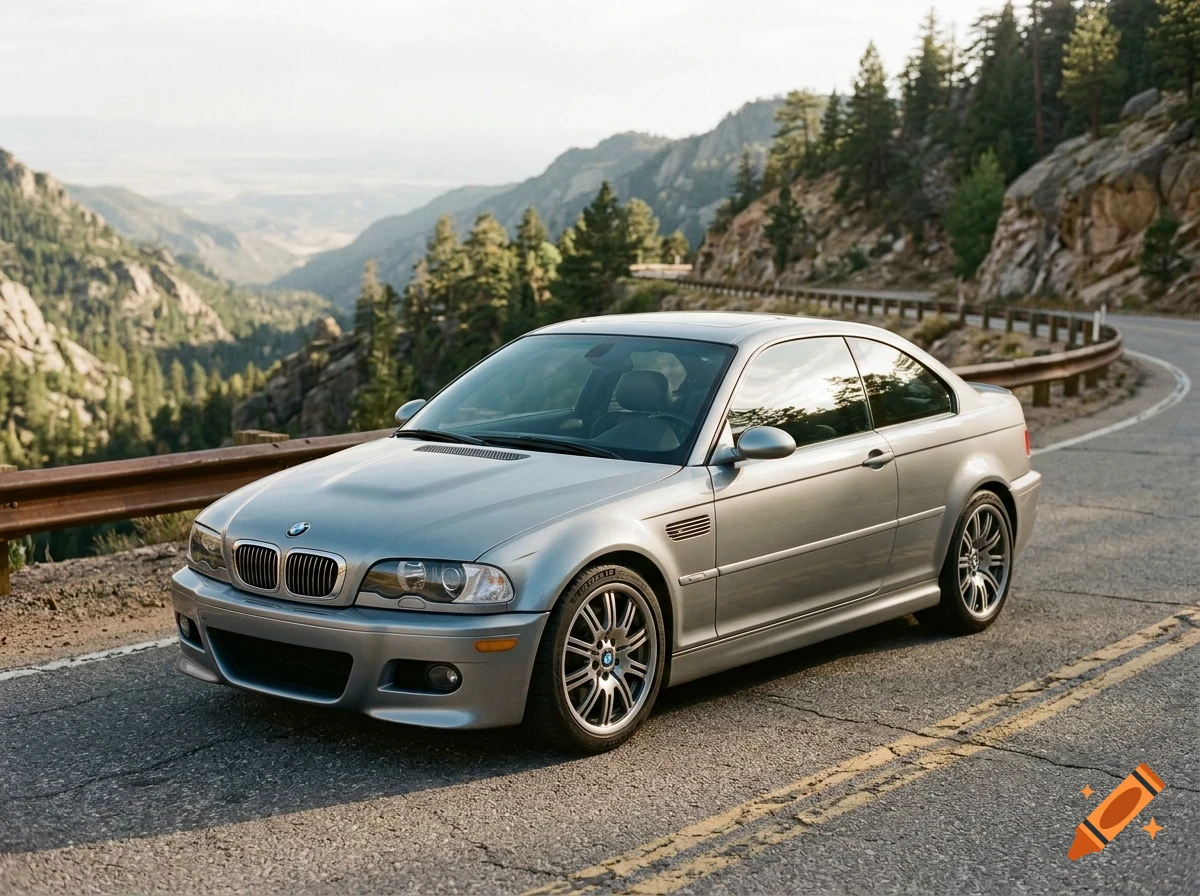 A silver BMW coupe parked on a winding mountain road overlooking a scenic valley.