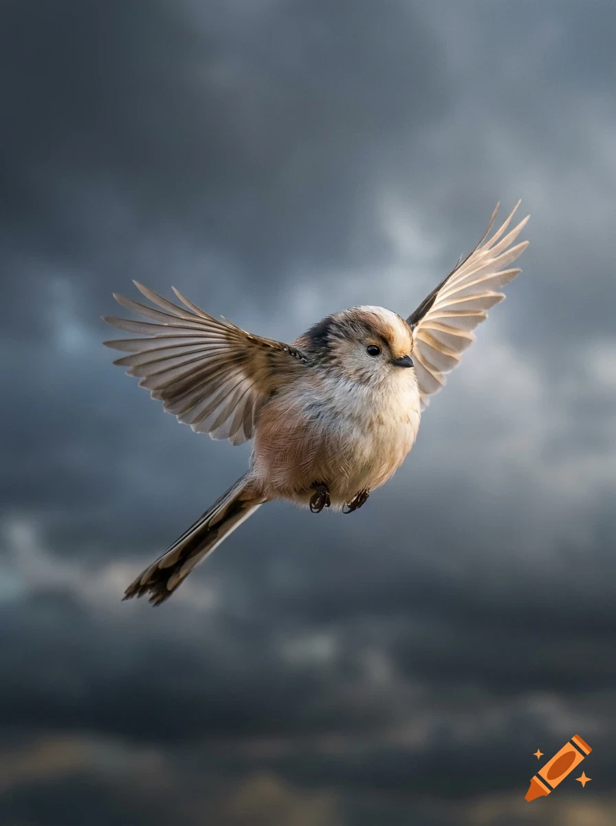 A small bird with outstretched wings in mid-flight against a moody, cloudy sky.