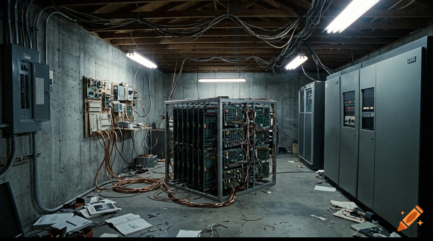 An old-fashioned server room with exposed concrete walls, ceiling wiring, large mainframe cabinets, and a central rack filled with circuit boards.