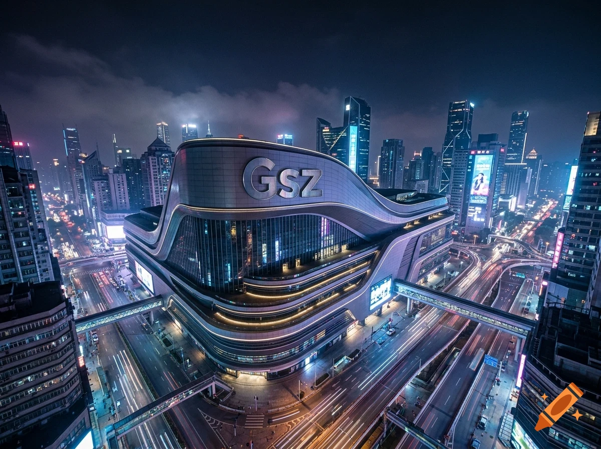An aerial nighttime view of a brightly lit modern shopping complex with curved architecture and the letters GSZ on the facade, surrounded by busy city streets and skyscrapers.