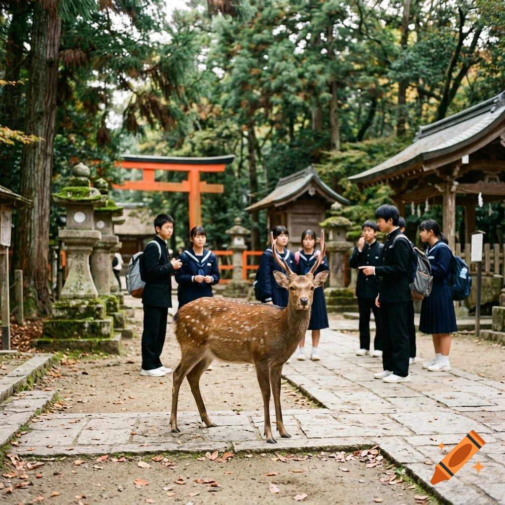 A photograph of a deer standing on a stone pathway in a Japanese temple courtyard, with school students in uniform in the background.