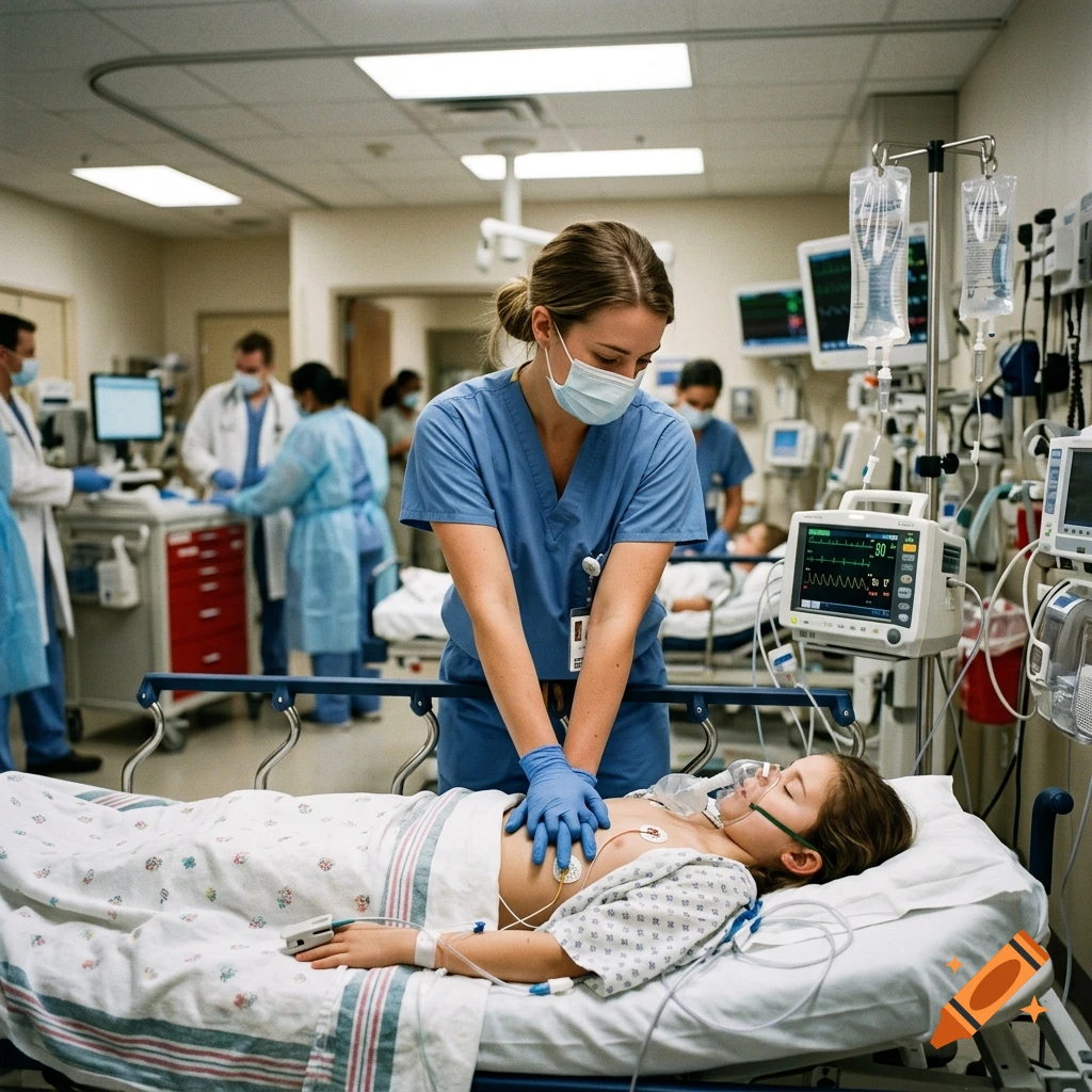 Photorealistic image of a nurse performing CPR on a young girl in a hospital room.