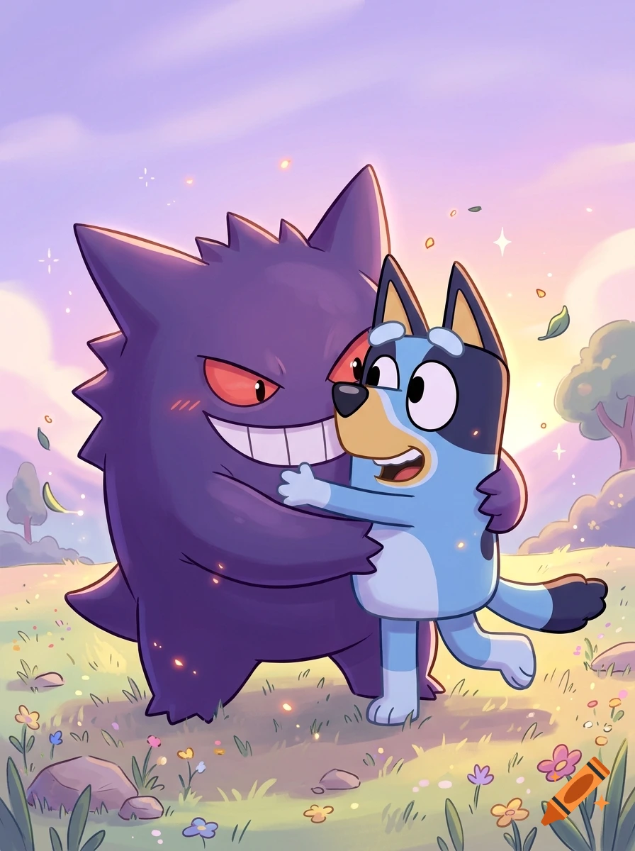 Gengar and Bluey hugging in a sunny grassy field, digital illustration style.