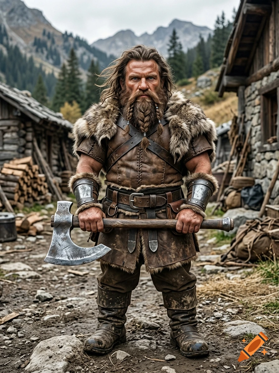 Photorealistic image of a rugged male dwarf barbarian with a braided beard, holding a large axe in front of a rustic mountain village.