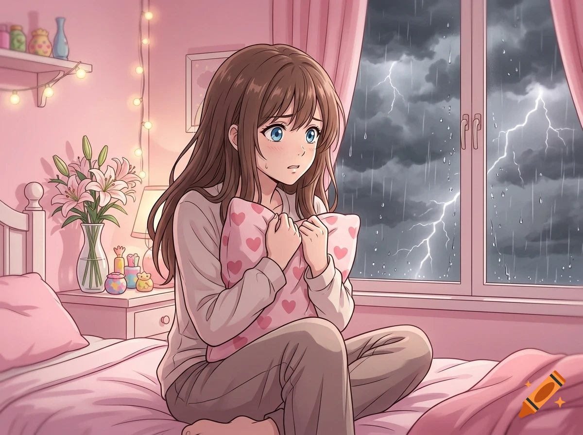 An anime-style illustration of a scared young woman sitting on a bed in a pink bedroom, clutching a heart-patterned pillow while watching a thunderstorm outside the window.