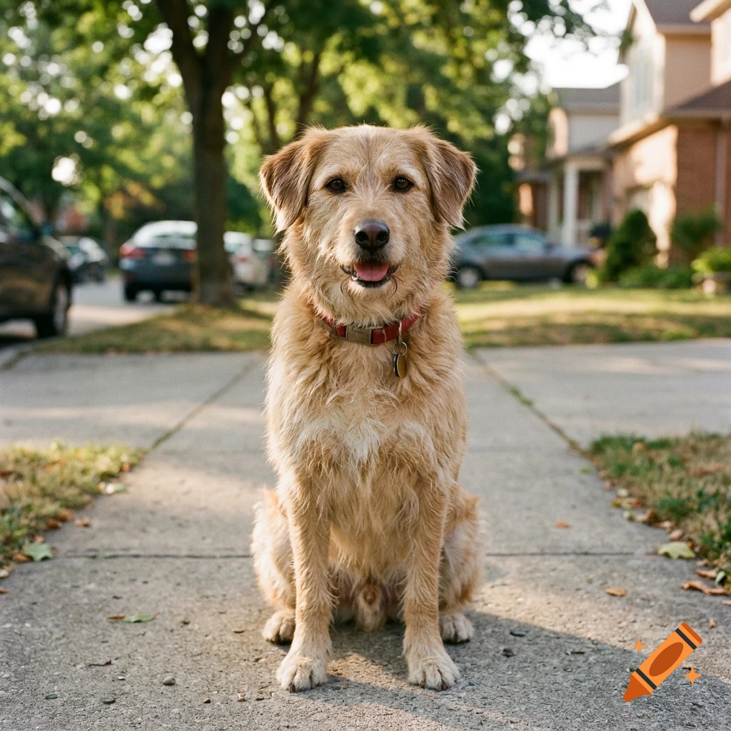 A photorealistic medium shot of a scruffy light brown dog sitting on a concrete sidewalk in a suburban neighborhood.