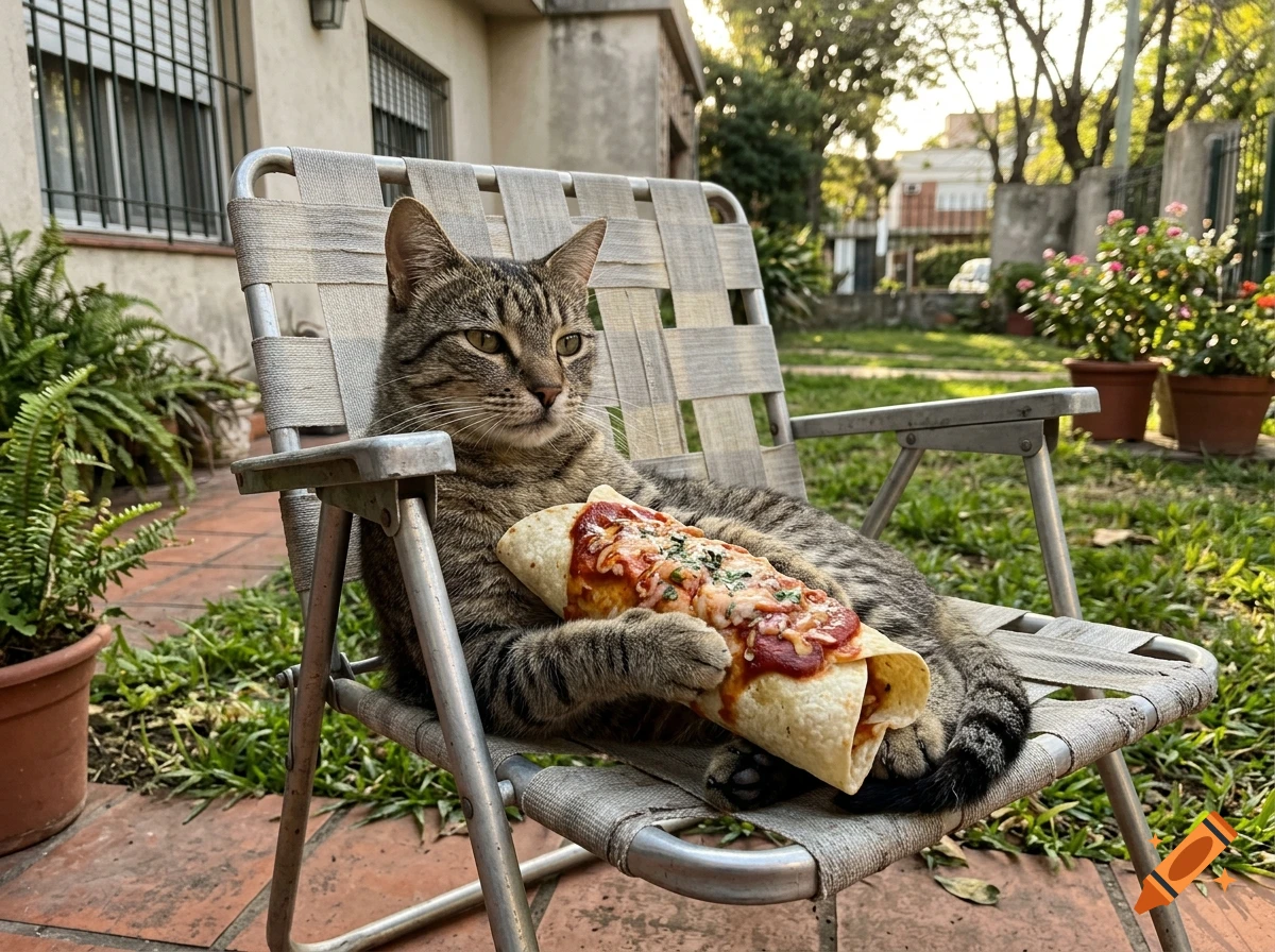 Photorealistic image of a tabby cat sitting in a lawn chair, holding an enchilada in a backyard.