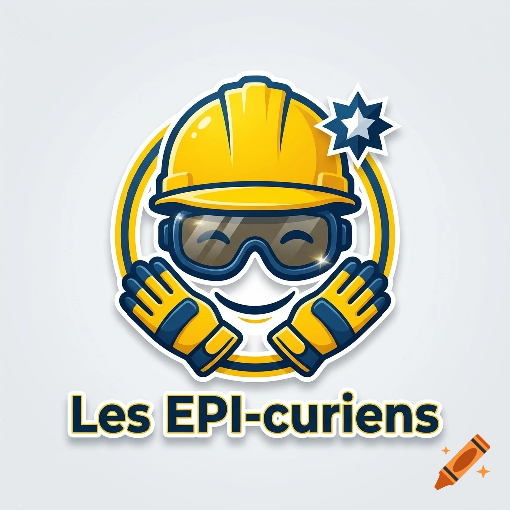 Logo of a smiling face made of a construction helmet, safety glasses, and work gloves with a small star.