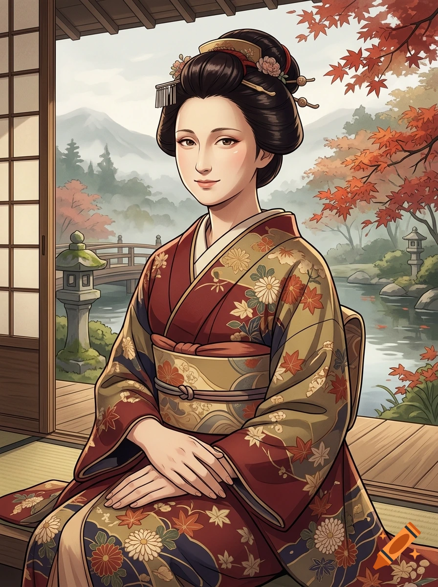 An anime-style digital painting of a Japanese woman wearing a red and gold patterned kimono, posing in a traditional room with a garden view.