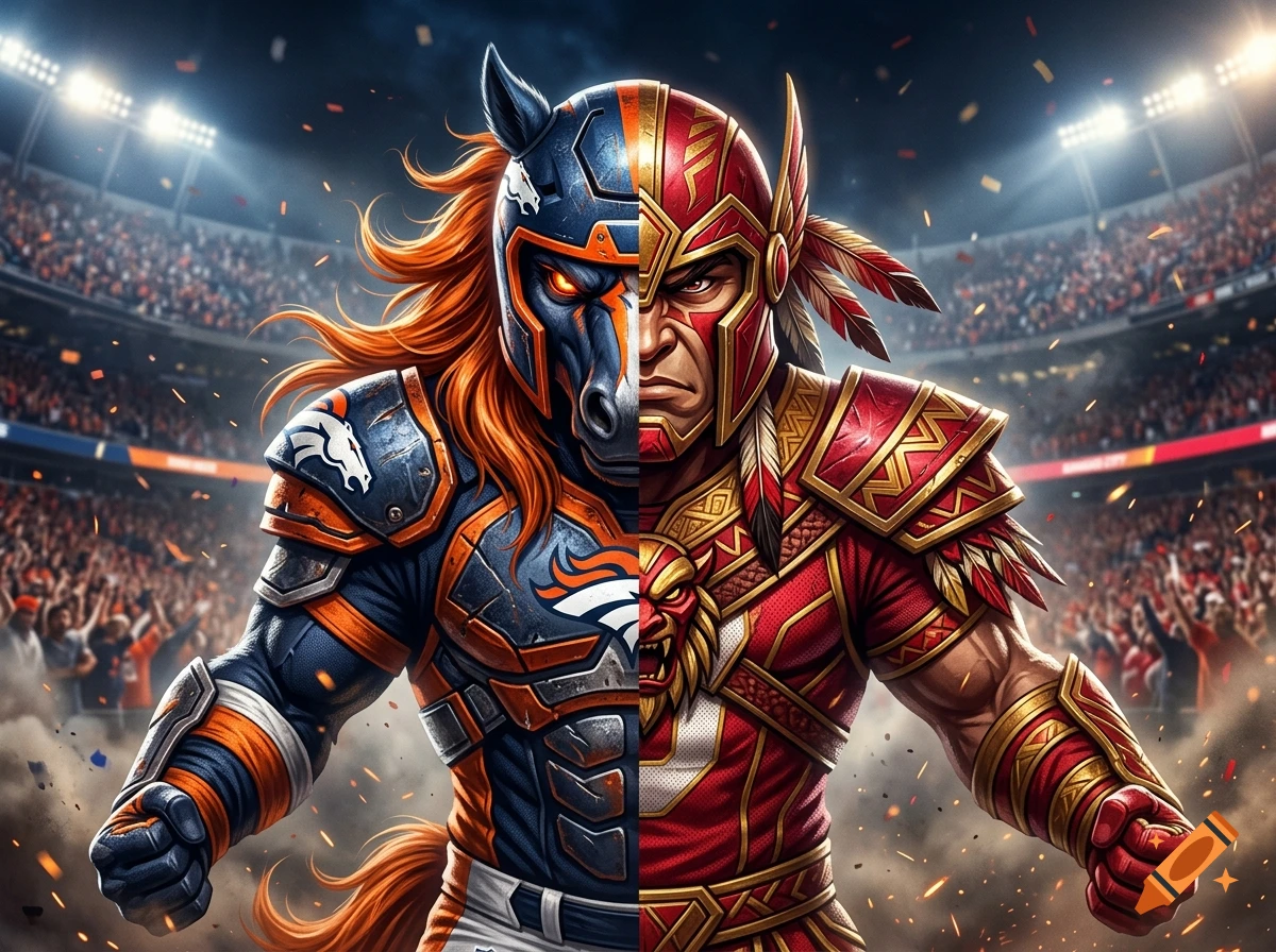 Digital art of a hybrid mascot combining Denver Broncos and Kansas City Chiefs aesthetics in a stadium.