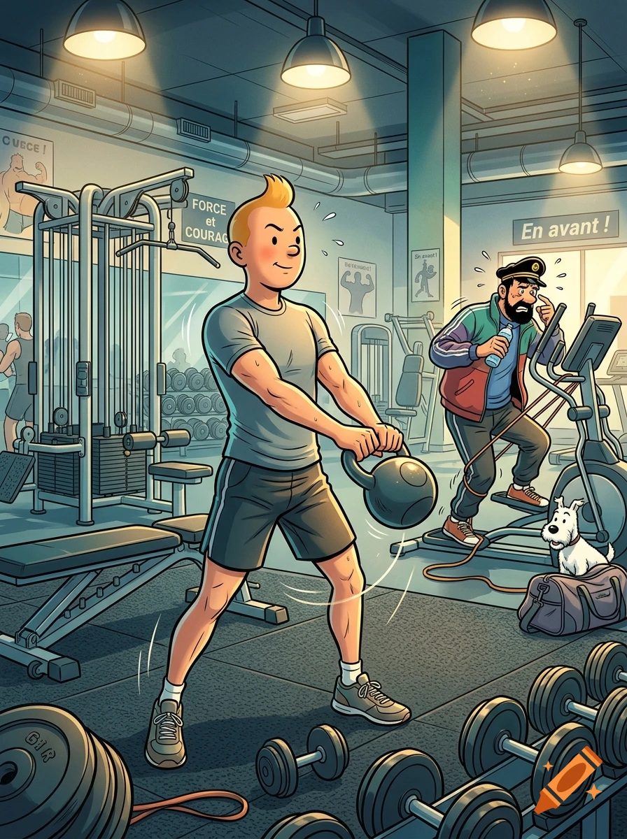 An illustrated comic-style scene inside a gym showing a blond young man working out with a kettlebell while another man struggles on an elliptical machine next to a small white dog.